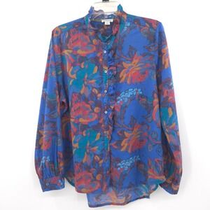 Sundance Floral Ruffle Blouse Womens Large Blue Cotton Button Up Long Sleeve